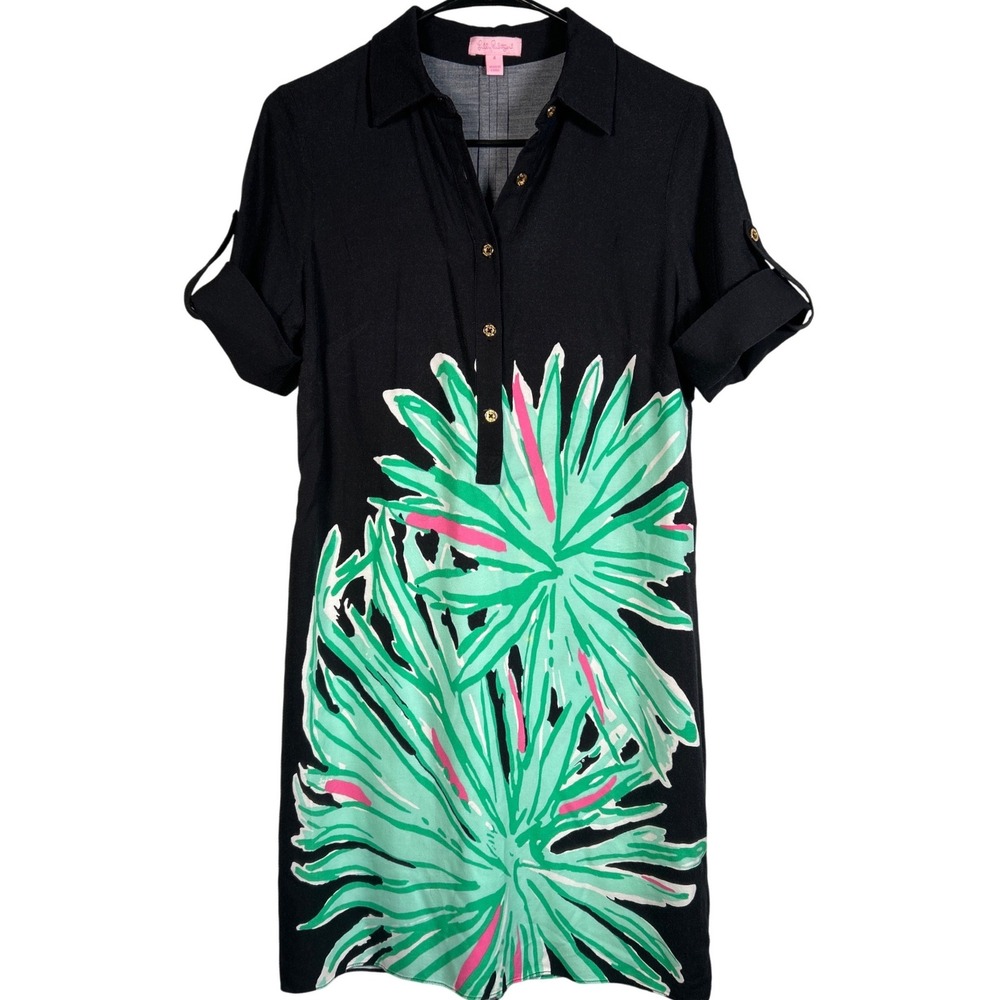 Lilly Pulitzer Elena Black Palm Tropical Rayon Shirt Dress Gold Buttons Size 4
